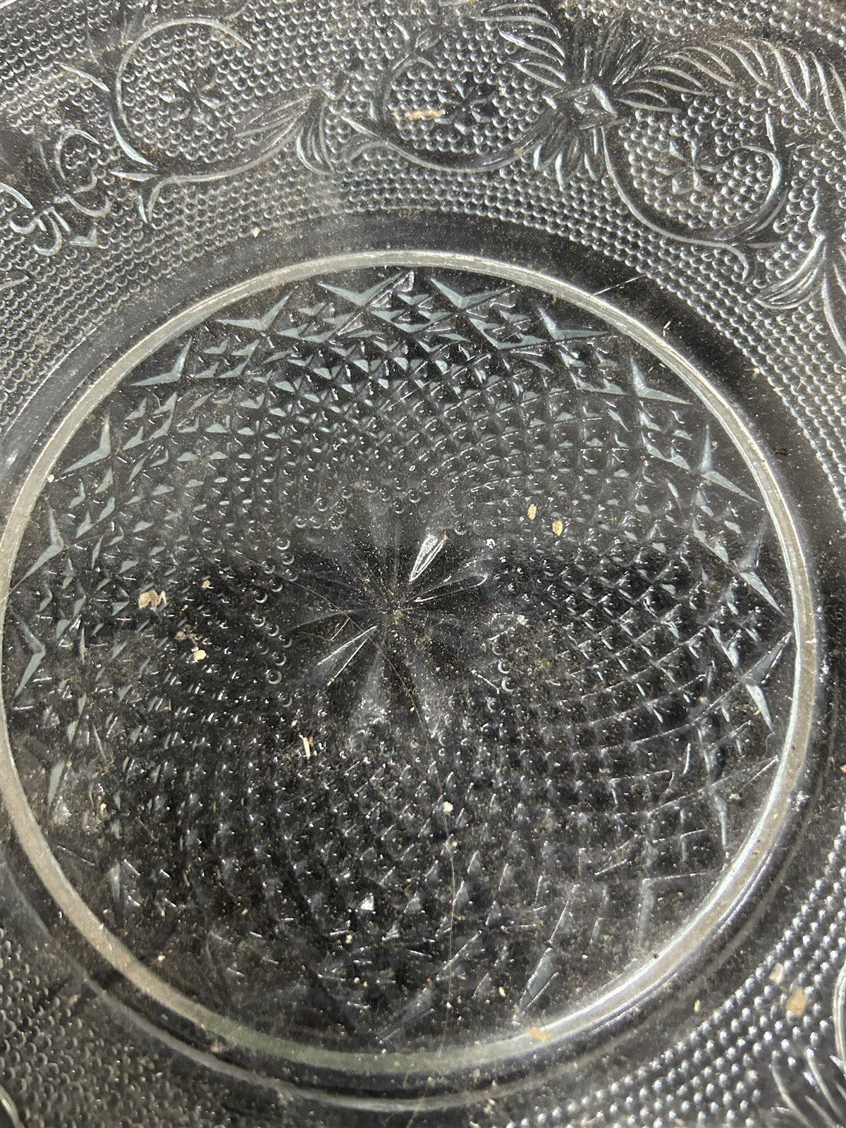 Clear Glass Deep Dish Round Platter Antique Diamond Cut Vintage Trellis Design