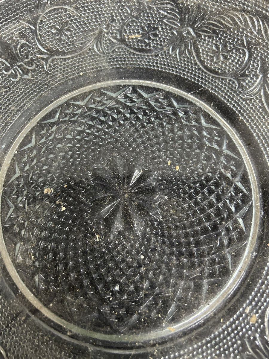 Clear Glass Deep Dish Round Platter Antique Diamond Cut Vintage Trellis Design