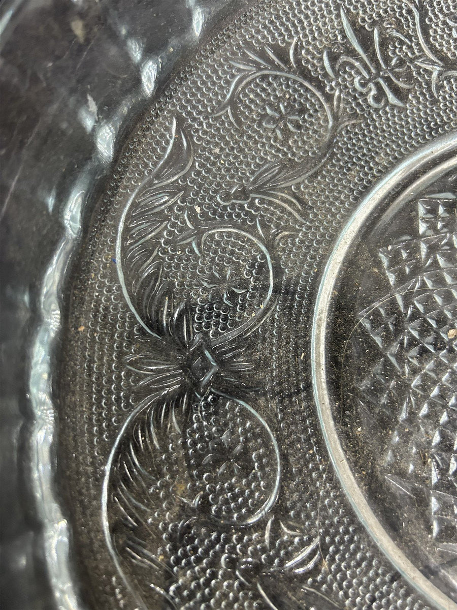 Clear Glass Deep Dish Round Platter Antique Diamond Cut Vintage Trellis Design