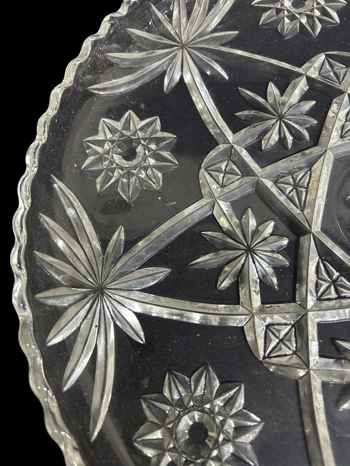 Prescut Cut Glass Cake Plate Antique Star Fan Vintage Round Tray Sawtooth Rim
