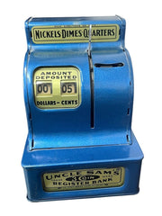 Uncle Sam's 3 Coin Mechanical Register Bank Nickels Dimes Quarters Blue Gold