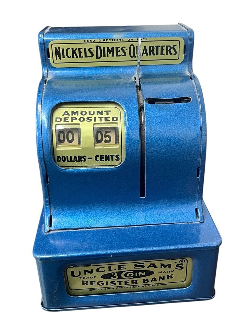 Uncle Sam's 3 Coin Mechanical Register Bank Nickels Dimes Quarters Blue Gold