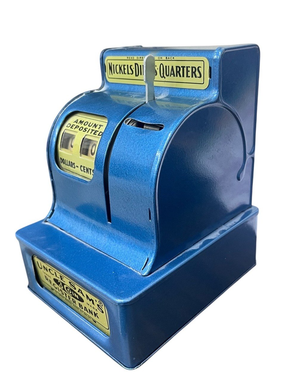 Uncle Sam's 3 Coin Mechanical Register Bank Nickels Dimes Quarters Blue Gold