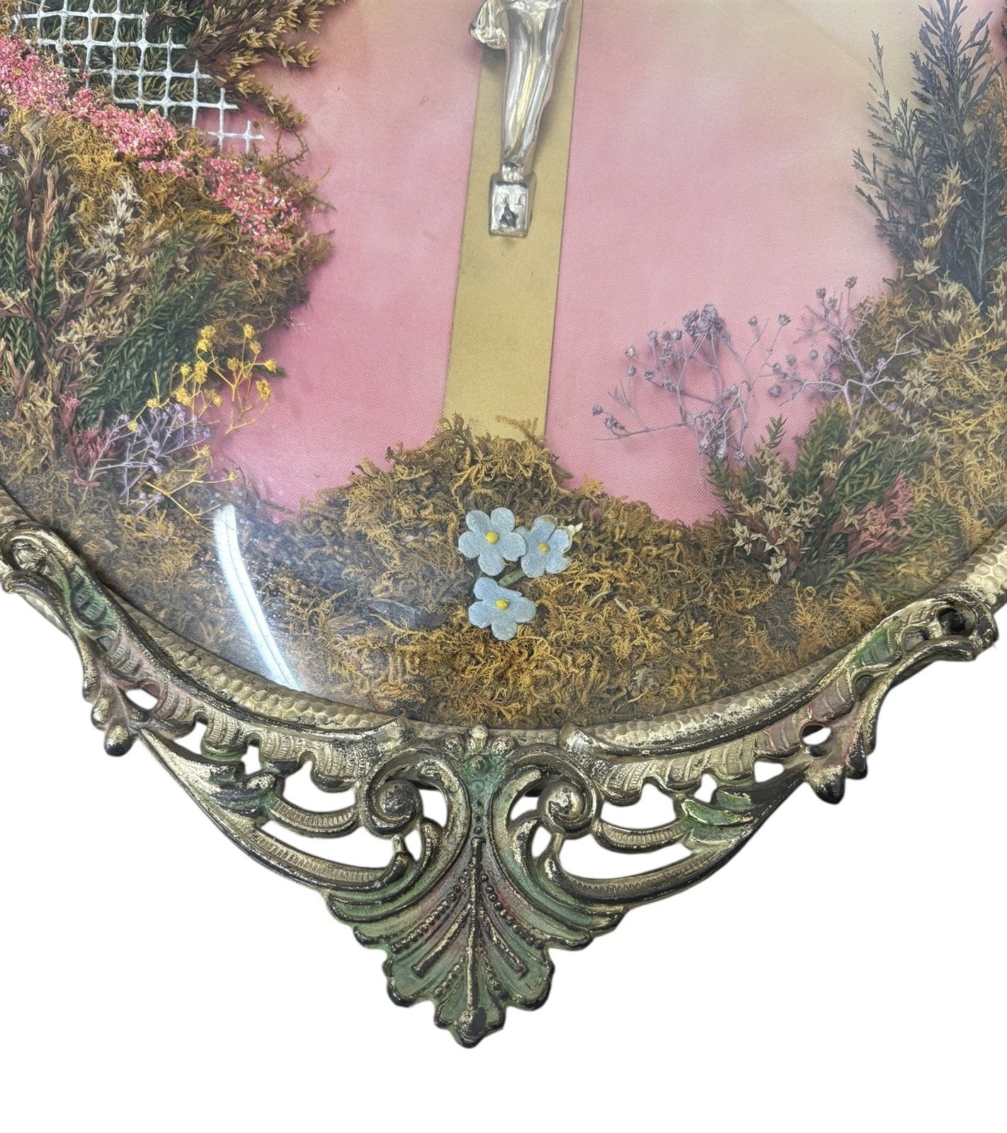 Crucifix Convex Framed Picture Floral Ornate Vintage Art Religion Wall Hanging