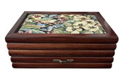 Jewelry Box Wood Floral Fabric Top Velvet Interior Multi Compartment Storage Vtg
