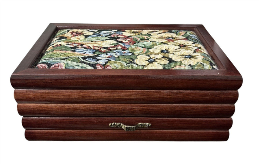 Jewelry Box Wood Floral Fabric Top Velvet Interior Multi Compartment Storage Vtg