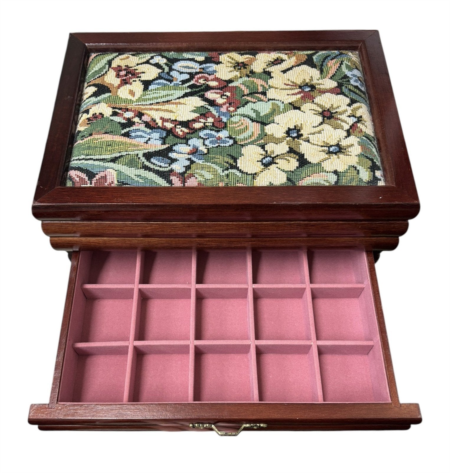 Jewelry Box Wood Floral Fabric Top Velvet Interior Multi Compartment Storage Vtg