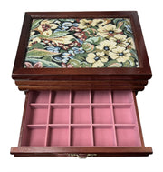 Jewelry Box Wood Floral Fabric Top Velvet Interior Multi Compartment Storage Vtg