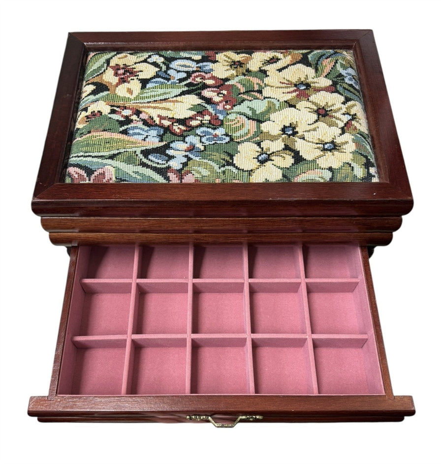 Jewelry Box Wood Floral Fabric Top Velvet Interior Multi Compartment Storage Vtg