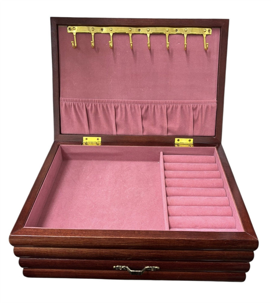 Jewelry Box Wood Floral Fabric Top Velvet Interior Multi Compartment Storage Vtg