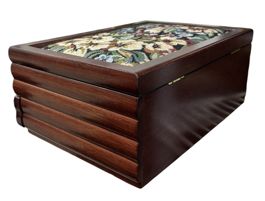 Jewelry Box Wood Floral Fabric Top Velvet Interior Multi Compartment Storage Vtg