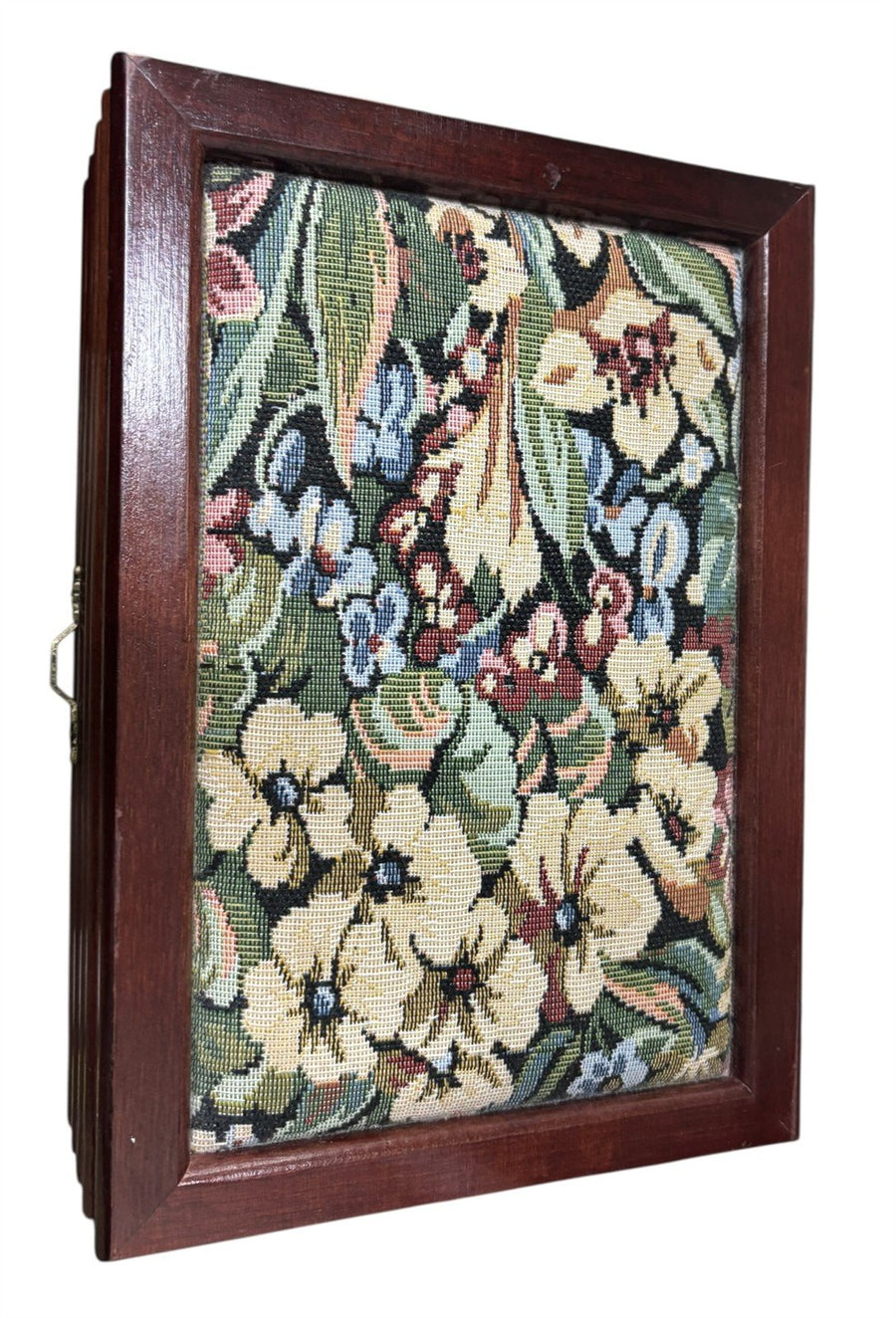 Jewelry Box Wood Floral Fabric Top Velvet Interior Multi Compartment Storage Vtg