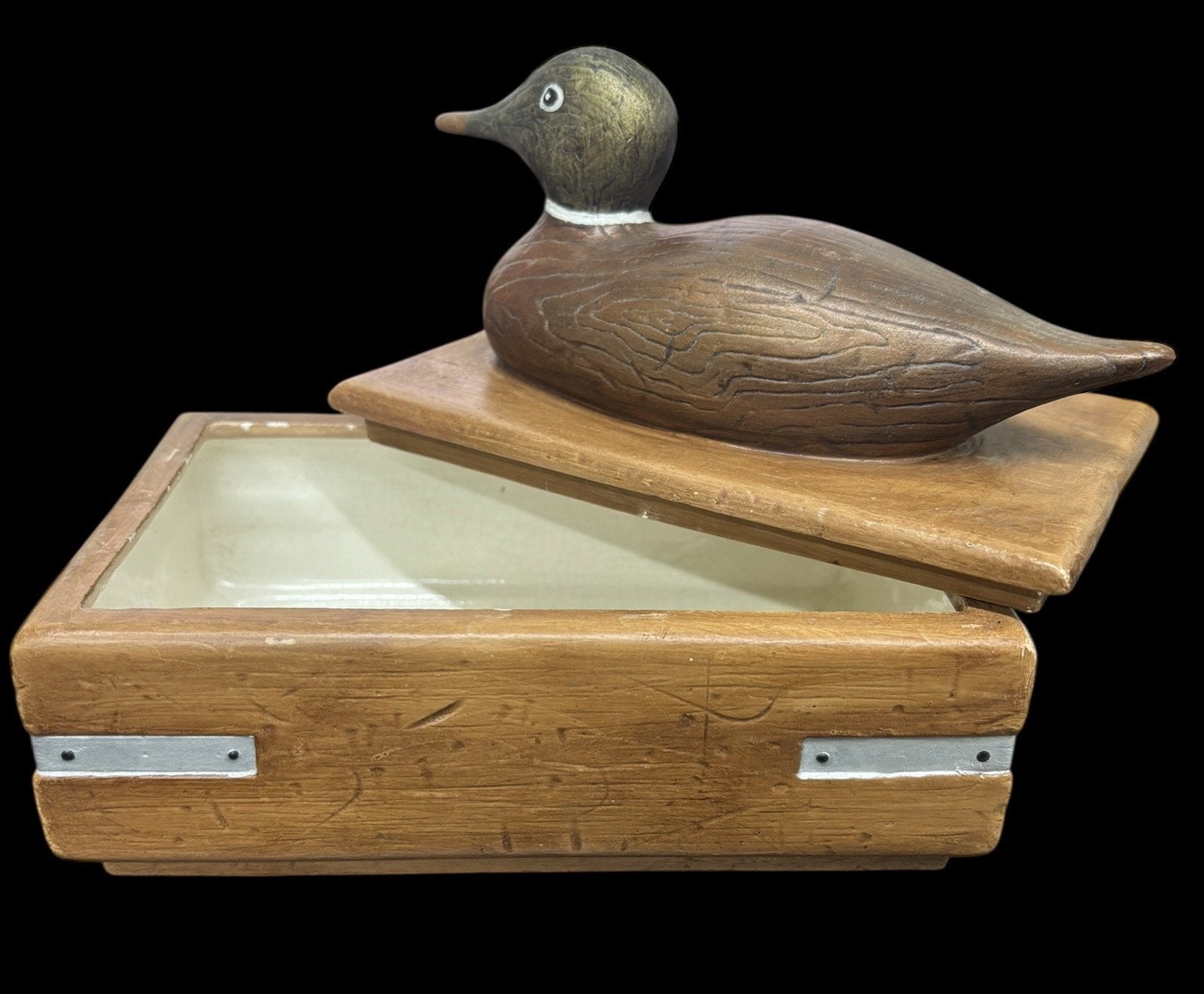 Duck Trinket Box Ceramic Faux Wood Vintage Stash Bin Home Decor Duncan Ent. 1978