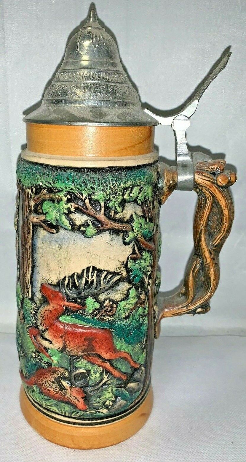 Vintage Stamped Germany Western Hunting Deer Boar Lidded Stein