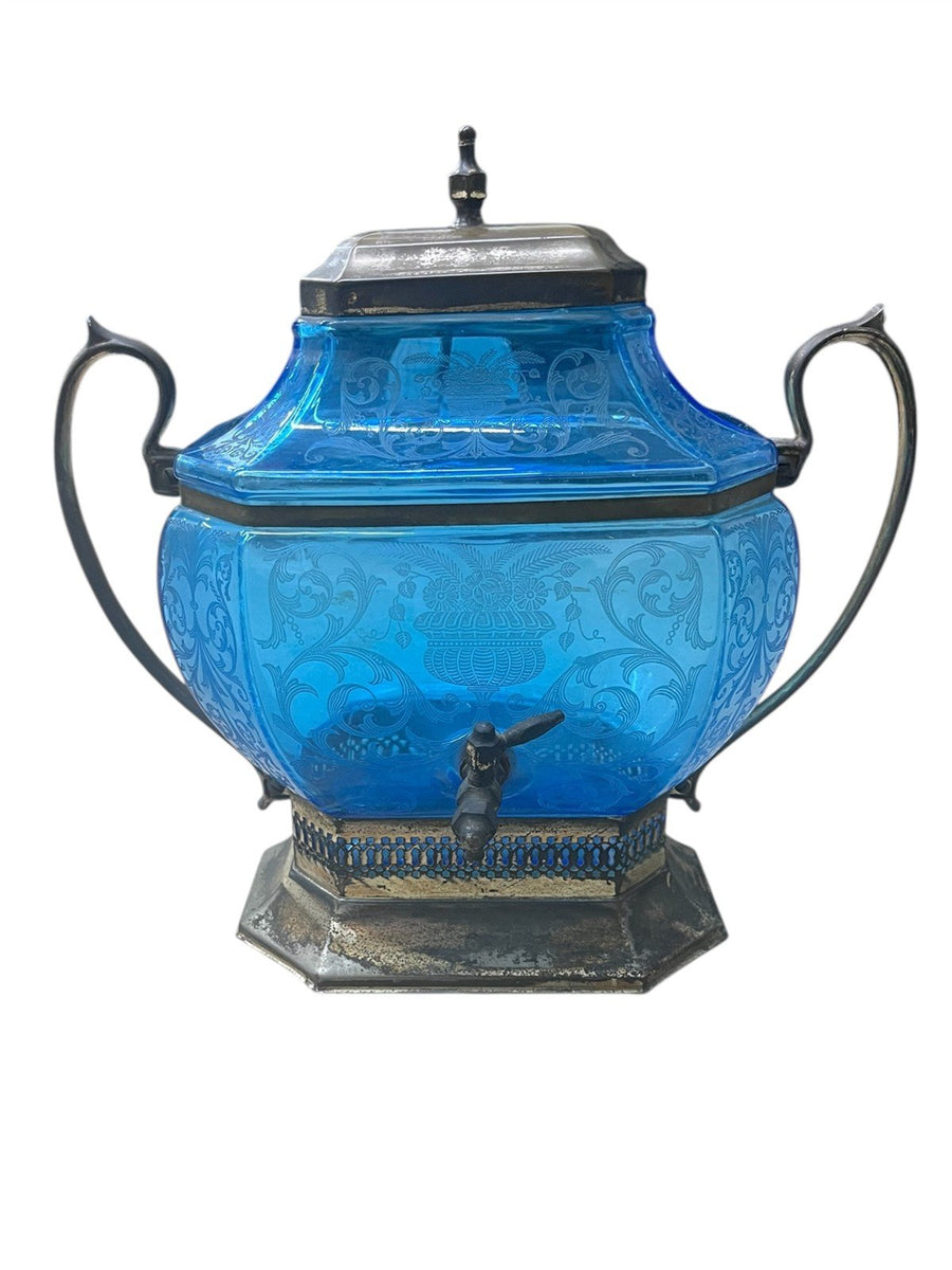 Century Silver Plate Rare 1920s Vintage Peacock Blue Etched Beverage Dispenser