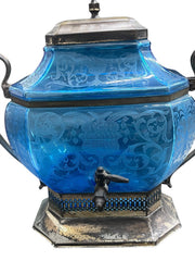 Century Silver Plate Rare 1920s Vintage Peacock Blue Etched Beverage Dispenser