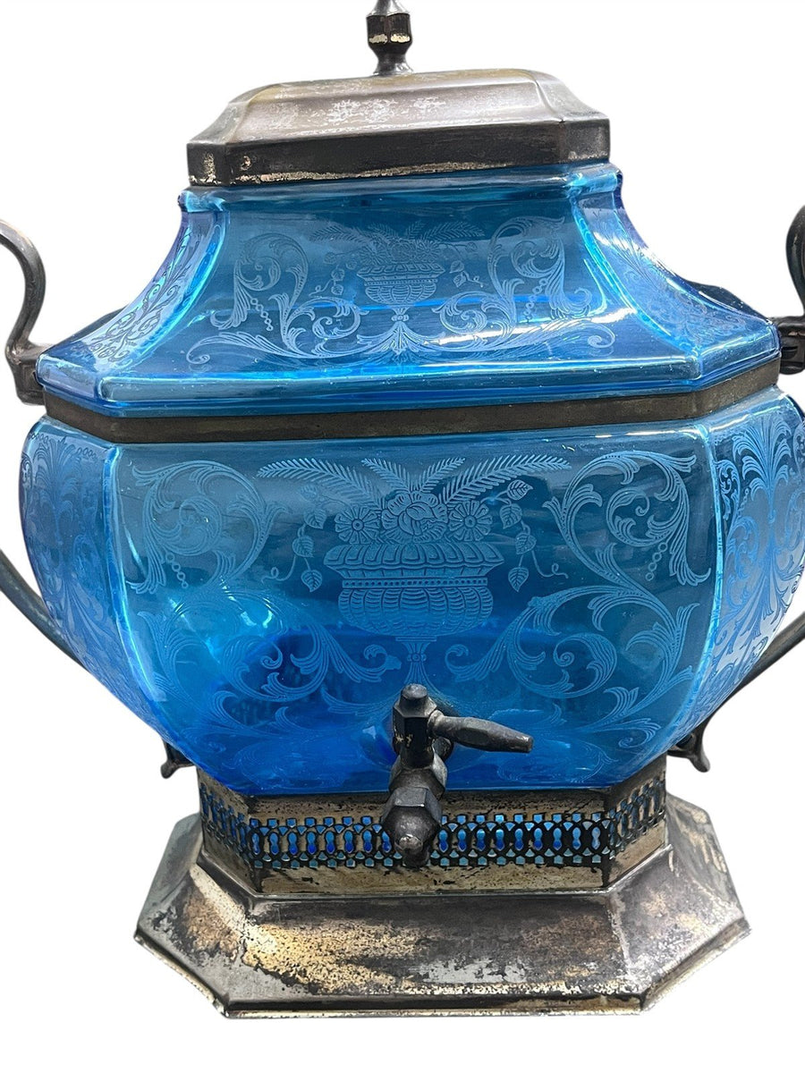 Century Silver Plate Rare 1920s Vintage Peacock Blue Etched Beverage Dispenser