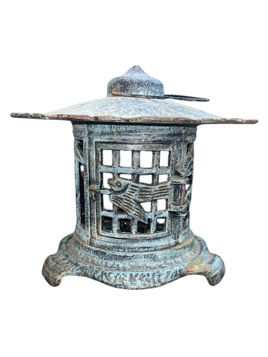 Chinese Antique Round Cast Iron Pagoda Garden Lantern Bird and Bamboo Designs