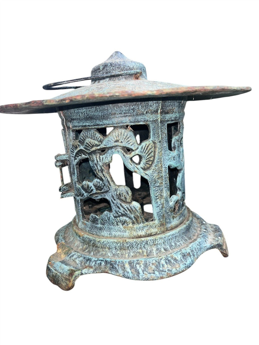 Chinese Antique Round Cast Iron Pagoda Garden Lantern Bird and Bamboo Designs
