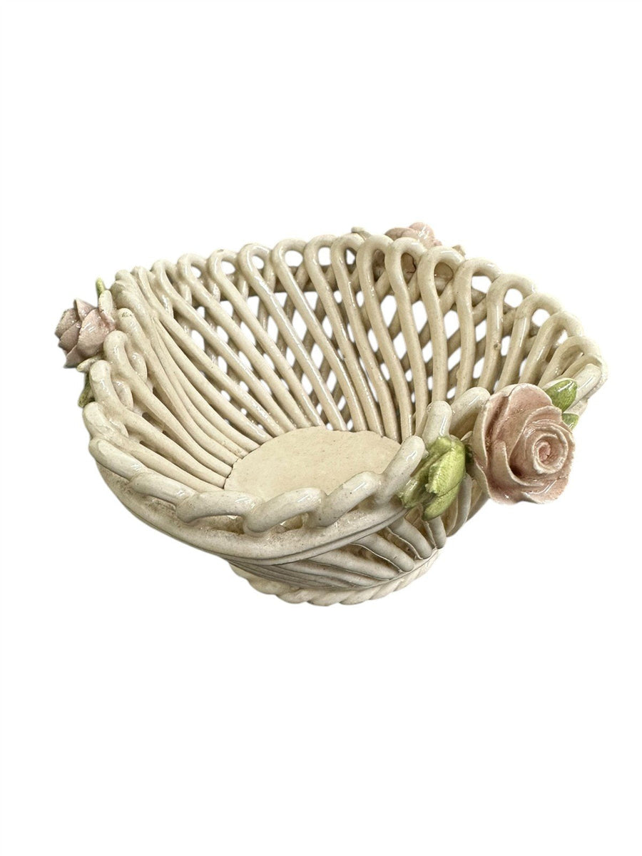 Ceramic Italian Woven Pottery Set Of Five Made In Italy Baskets With Roses