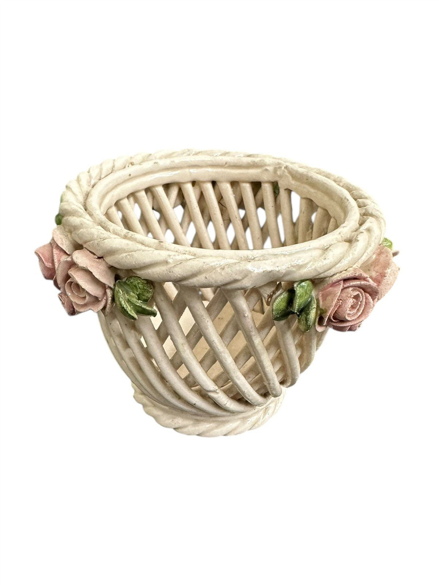 Ceramic Italian Woven Pottery Set Of Five Made In Italy Baskets With Roses
