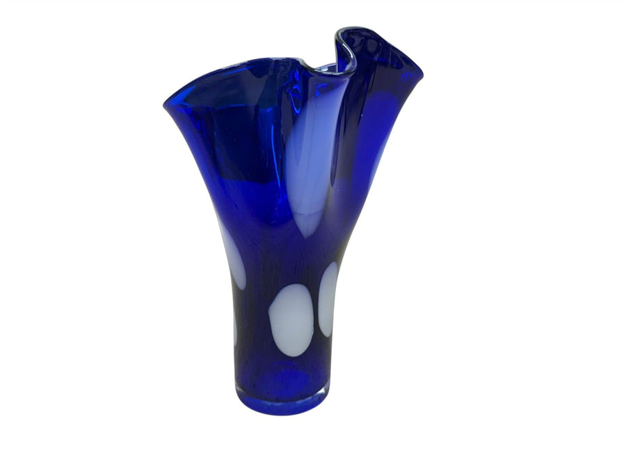 Large 9 1/2” Cobalt Blue Vase With White Spots and Ruffled Top Art Glass