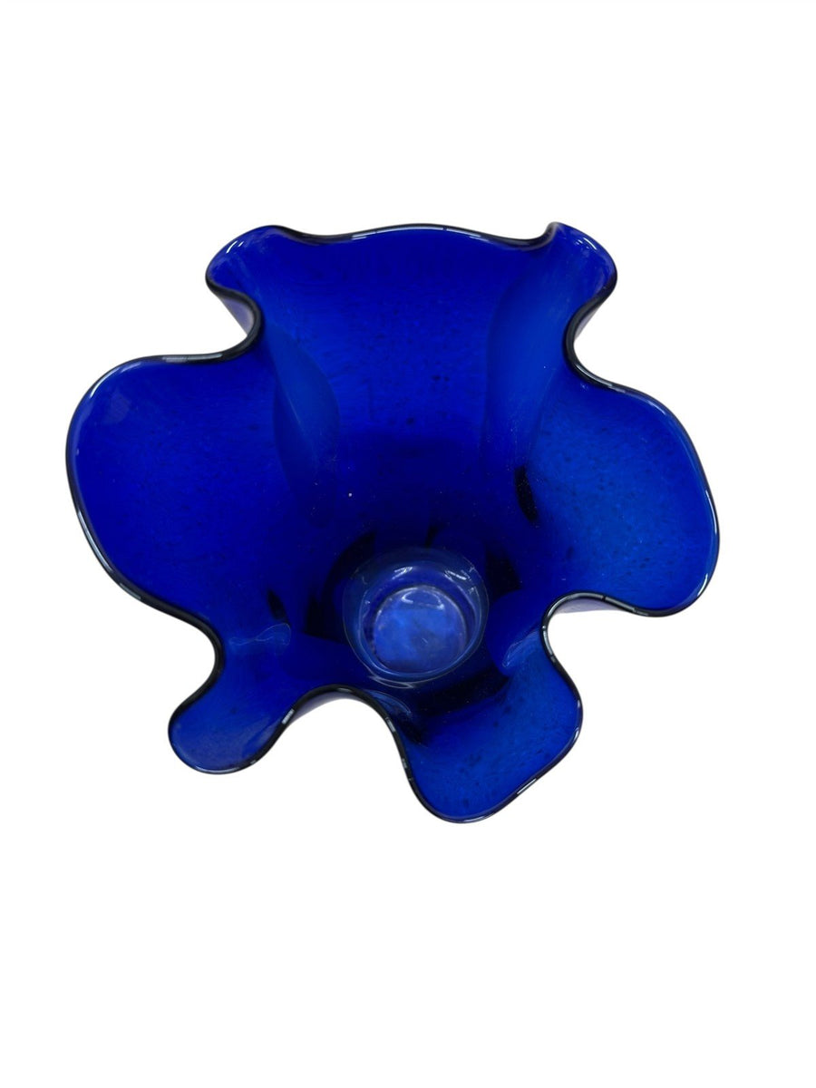 Large 9 1/2” Cobalt Blue Vase With White Spots and Ruffled Top Art Glass