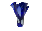 Large 9 1/2” Cobalt Blue Vase With White Spots and Ruffled Top Art Glass