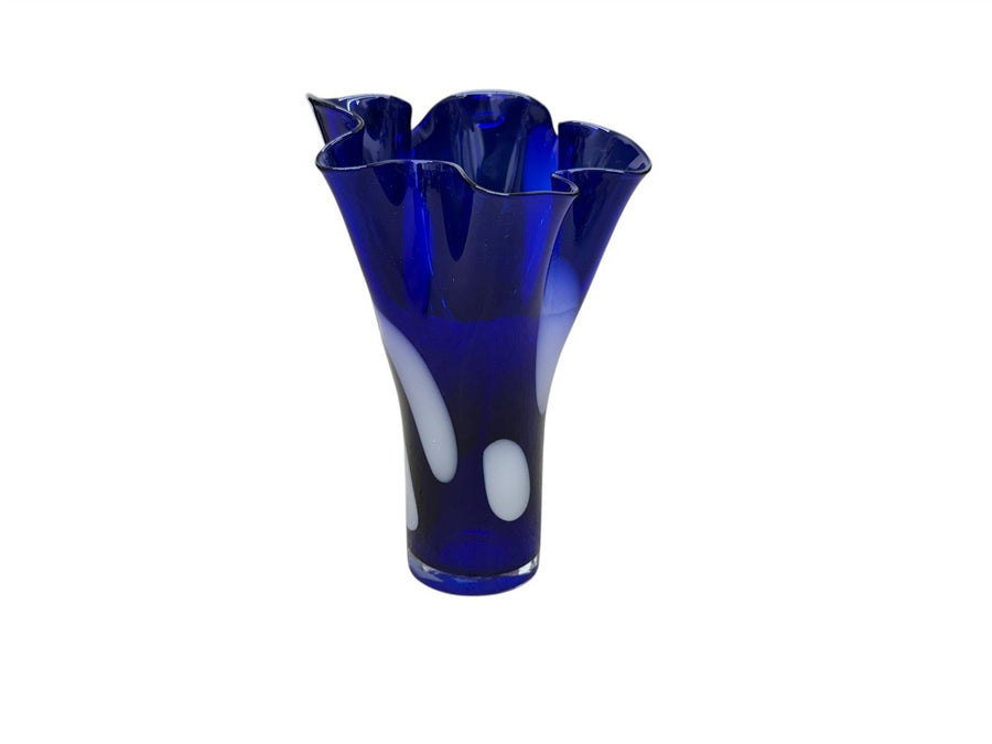 Large 9 1/2” Cobalt Blue Vase With White Spots and Ruffled Top Art Glass