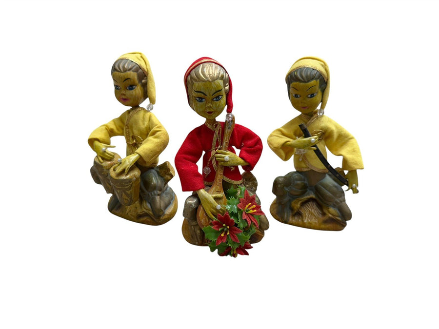 Three Vintage Tilso Pixie Elf 1960's Vintage Christmas; Mandolin, Bongos, Flute