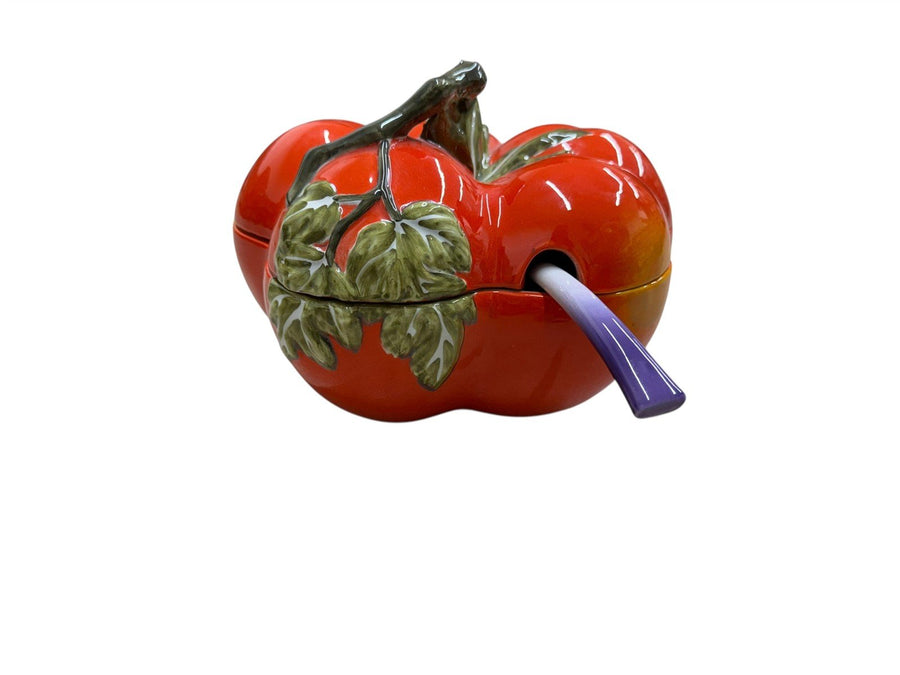 Vintage Tomato Shaped Casserole Soup Tureen and Large Spoon Mancioli Italy