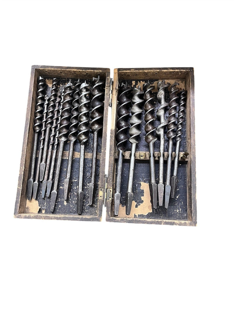 Auger Drill Bit Set Antique With Wooden Box and Various Brands Good Condition