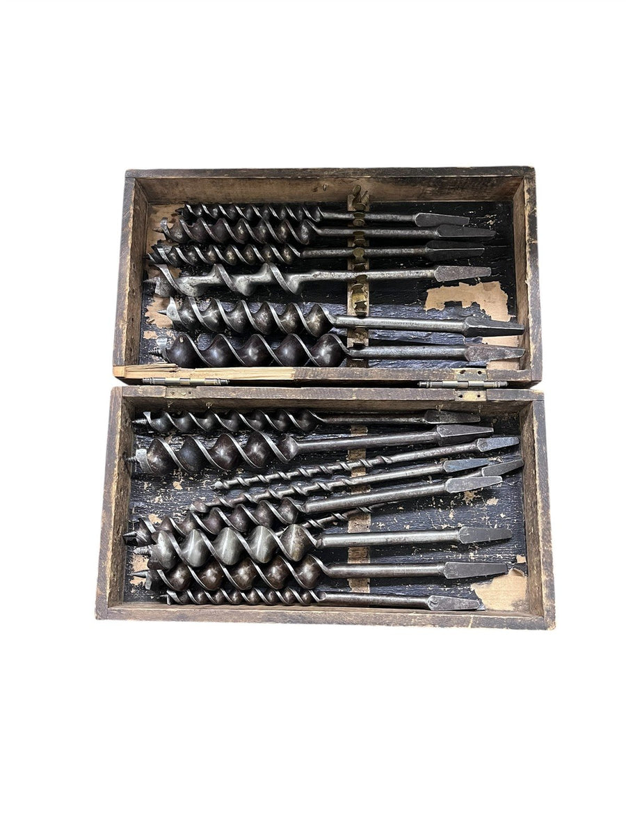 Auger Drill Bit Set Antique With Wooden Box and Various Brands Good Condition