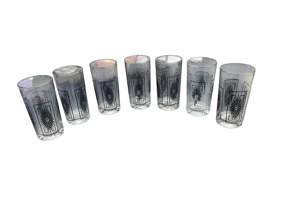 Set of 7 Mid Century Modern Atomic Starburst Black and Gold Glasses
