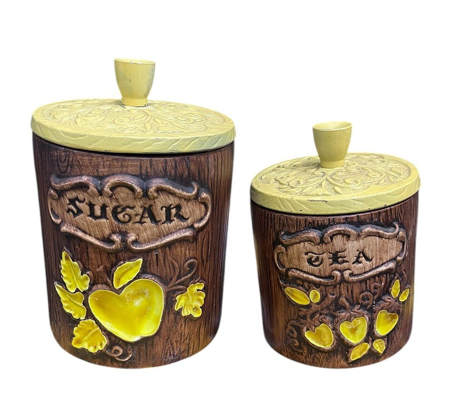 Treasure Craft Vintage 1970's Woodgrain Sugar and Tea Kitchen Canisters
