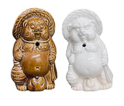 Tanuki Raccoon Set of 2 Brown/White Vintage Ceramic Drinking Mugs with Straw Hole