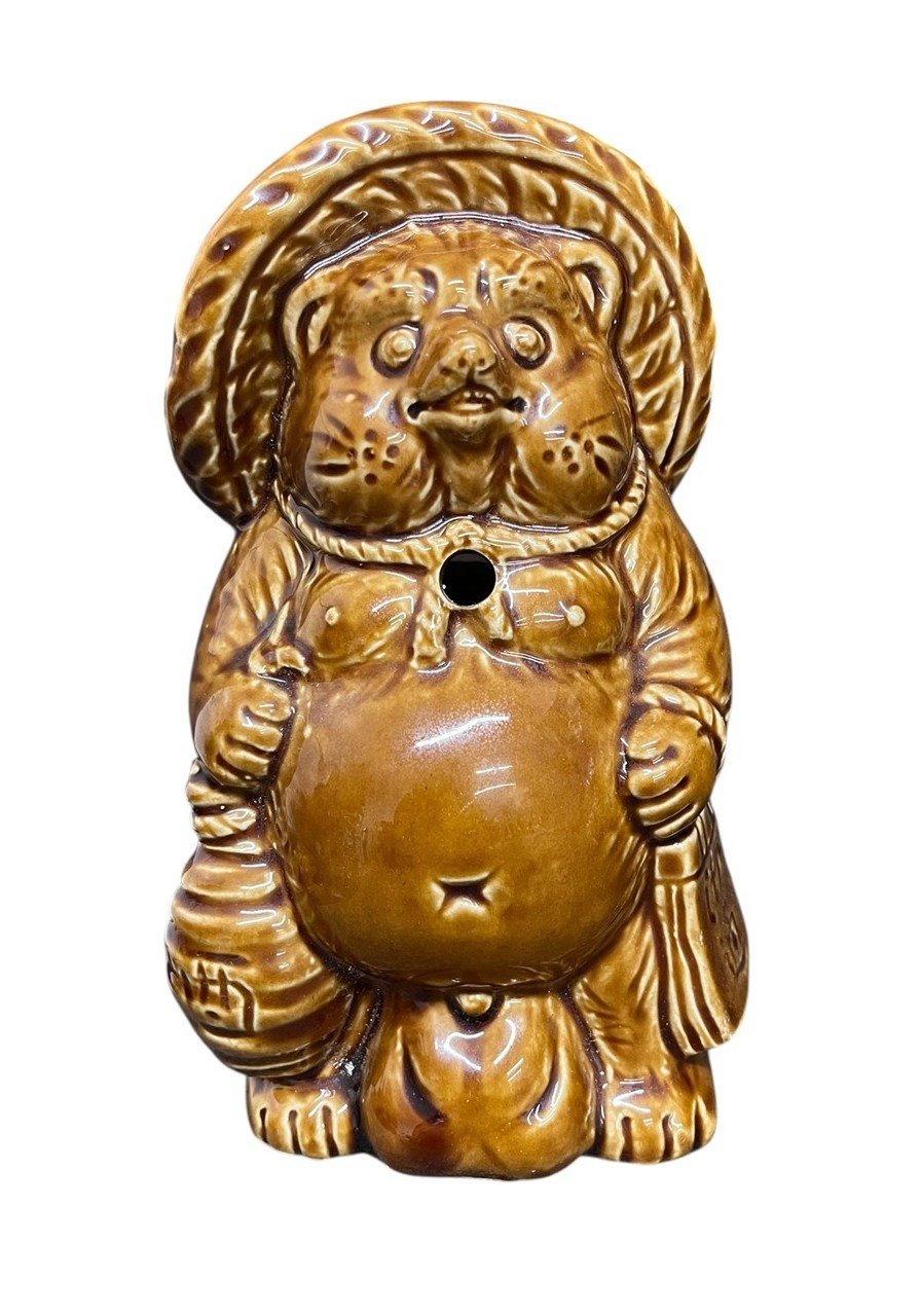 Tanuki Raccoon Set of 2 Brown/White Vintage Ceramic Drinking Mugs with Straw Hole