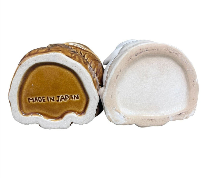 Tanuki Raccoon Set of 2 Brown/White Vintage Ceramic Drinking Mugs with Straw Hole