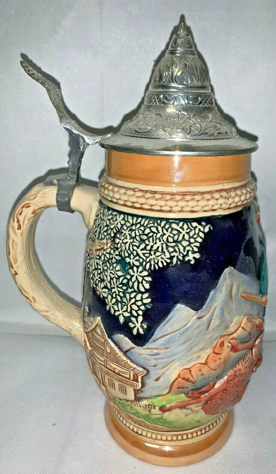 VINTAGE MADE IN GERMANY MAN HUNTING DEER AND TURKEY WIDE LIDDED STEIN