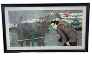 Japanese Ukiyoe Woodblock Print by Ron Rae in Frame Woman and Ox