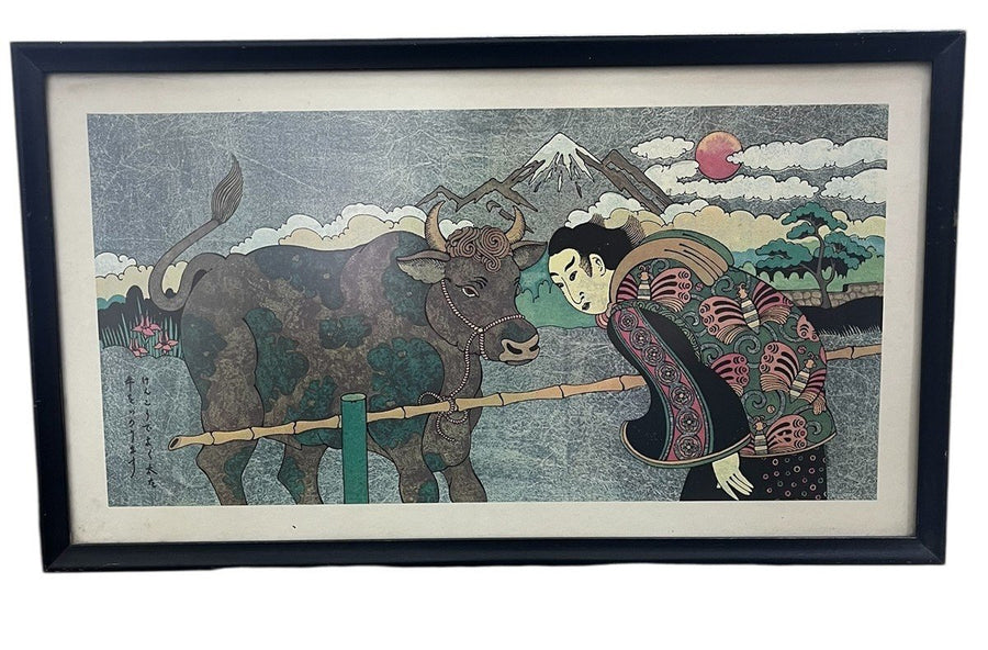 Japanese Ukiyoe Woodblock Print by Ron Rae in Frame Woman and Ox