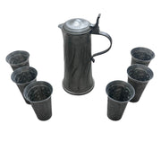 Fein Zinn Vintage German Pewter Lidded Pitcher and Six Cups