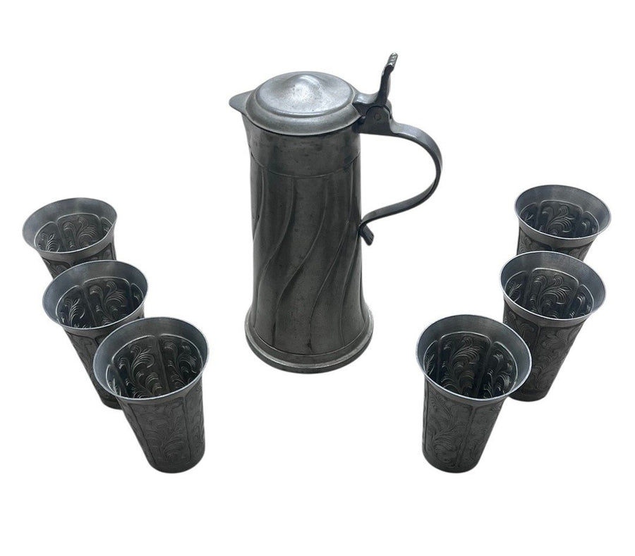Fein Zinn Vintage German Pewter Lidded Pitcher and Six Cups