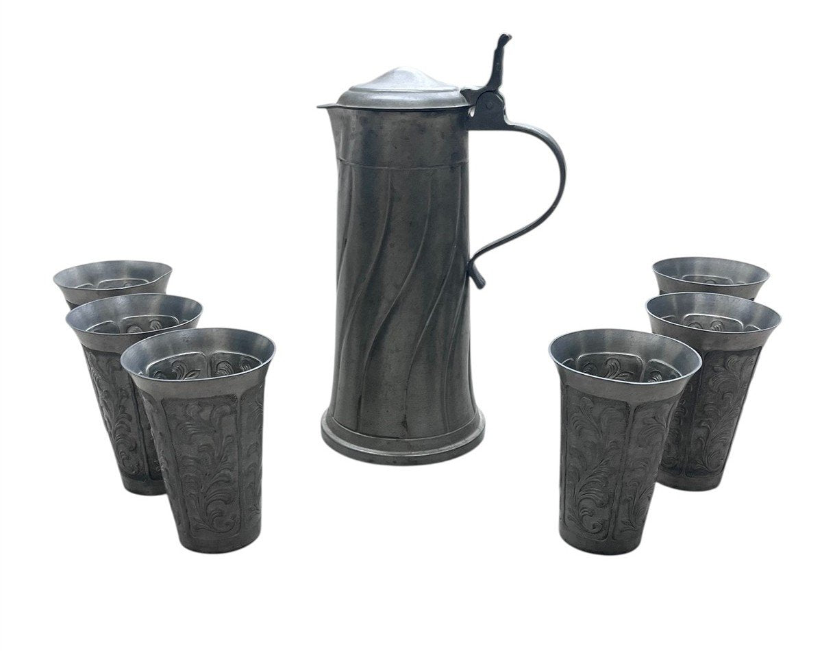 Fein Zinn Vintage German Pewter Lidded Pitcher and Six Cups