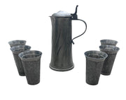 Fein Zinn Vintage German Pewter Lidded Pitcher and Six Cups