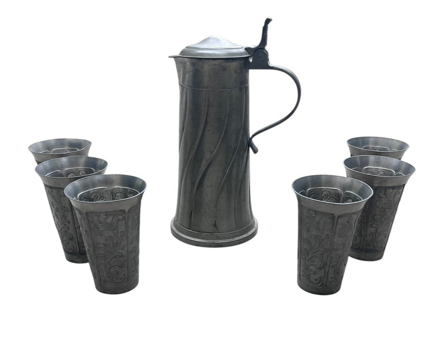 Fein Zinn Vintage German Pewter Lidded Pitcher and Six Cups