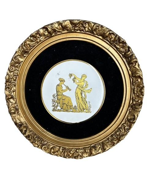 Greek Wall Art Gold Frame Pair Porcelain Plaque MCM Velvet Grecian Home Decor