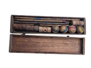Wooden Croquet Set Antique in Box Stakes Balls and Mallets