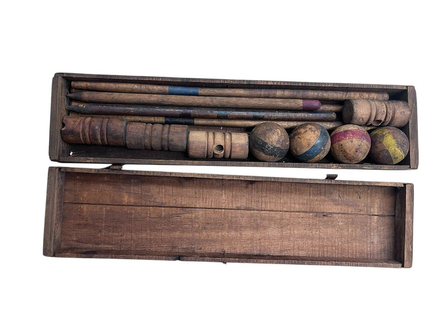 Wooden Croquet Set Antique in Box Stakes Balls and Mallets