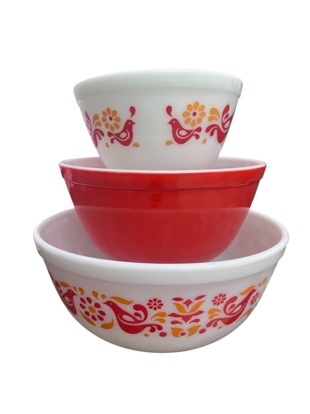 Pyrex Set of 3 Vintage 1970s Friendship Birds Nesting Bowls Red and Or ...